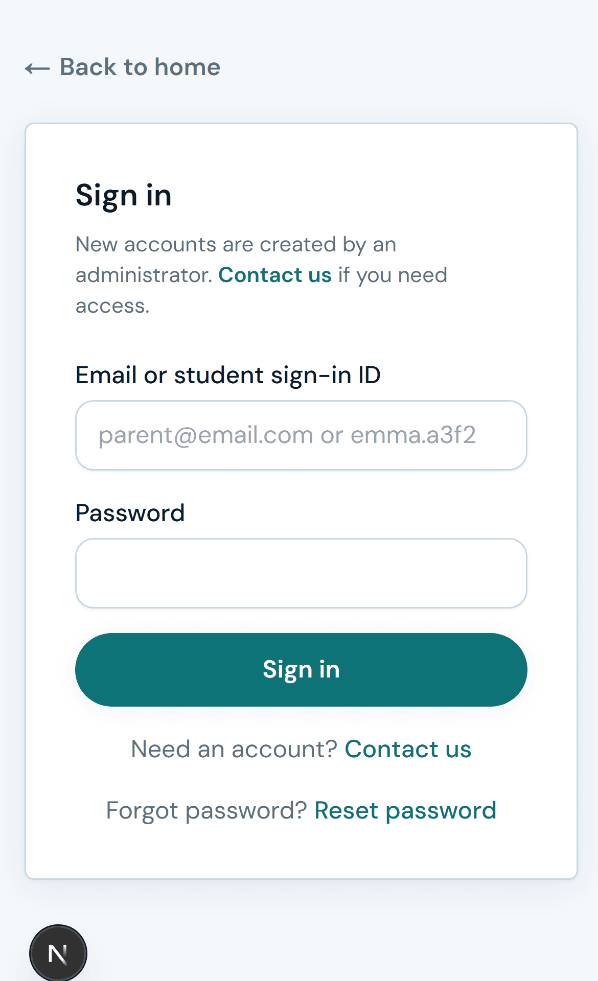 Student portal sign-in screen with sign-in ID and password fields