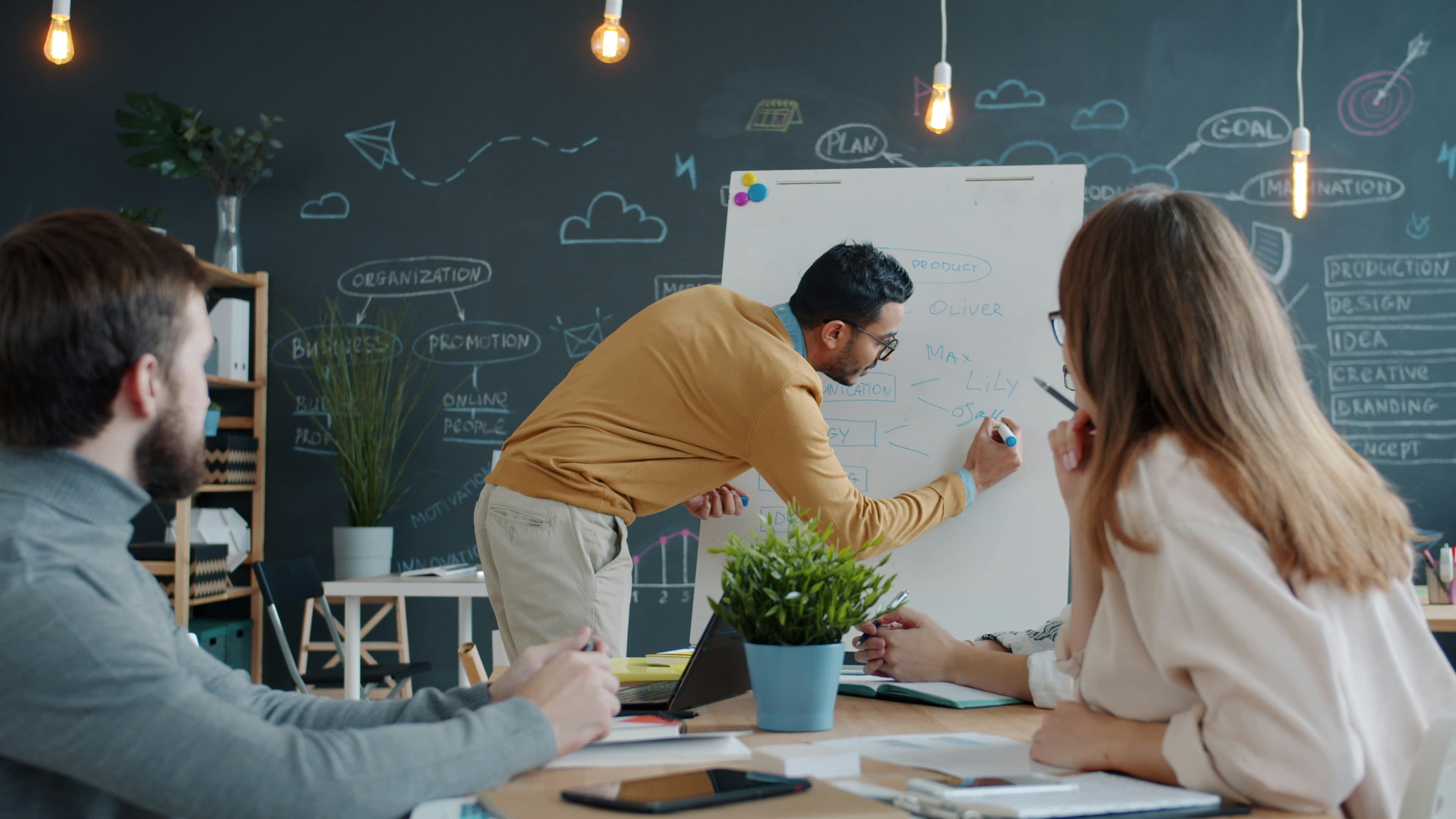 Team collaborating around a whiteboard in a modern office