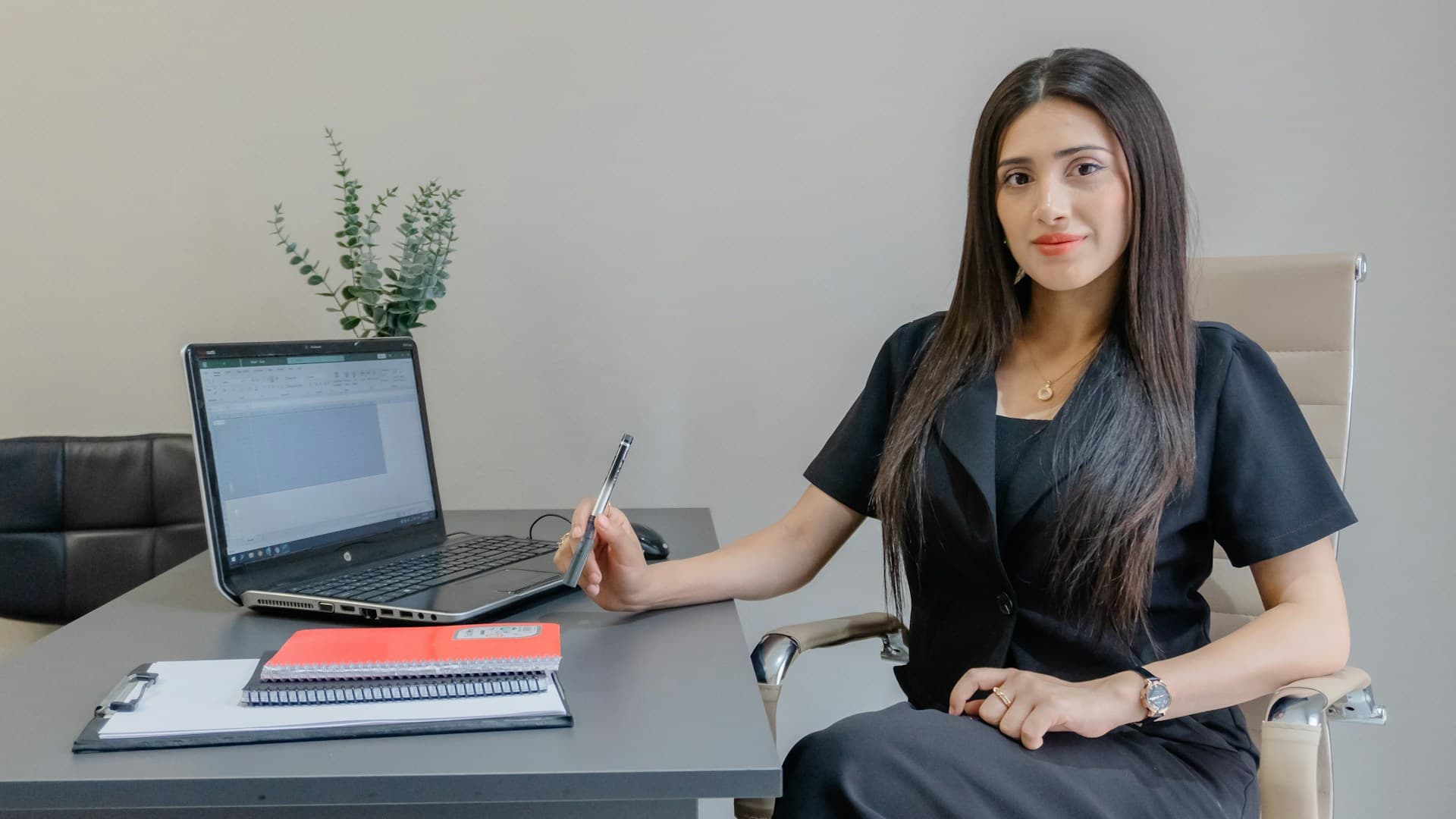 Corporate consultant at a desk during a client consultation